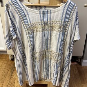 lucky brand cross stitch embroidered boho Short sleeve top 2x